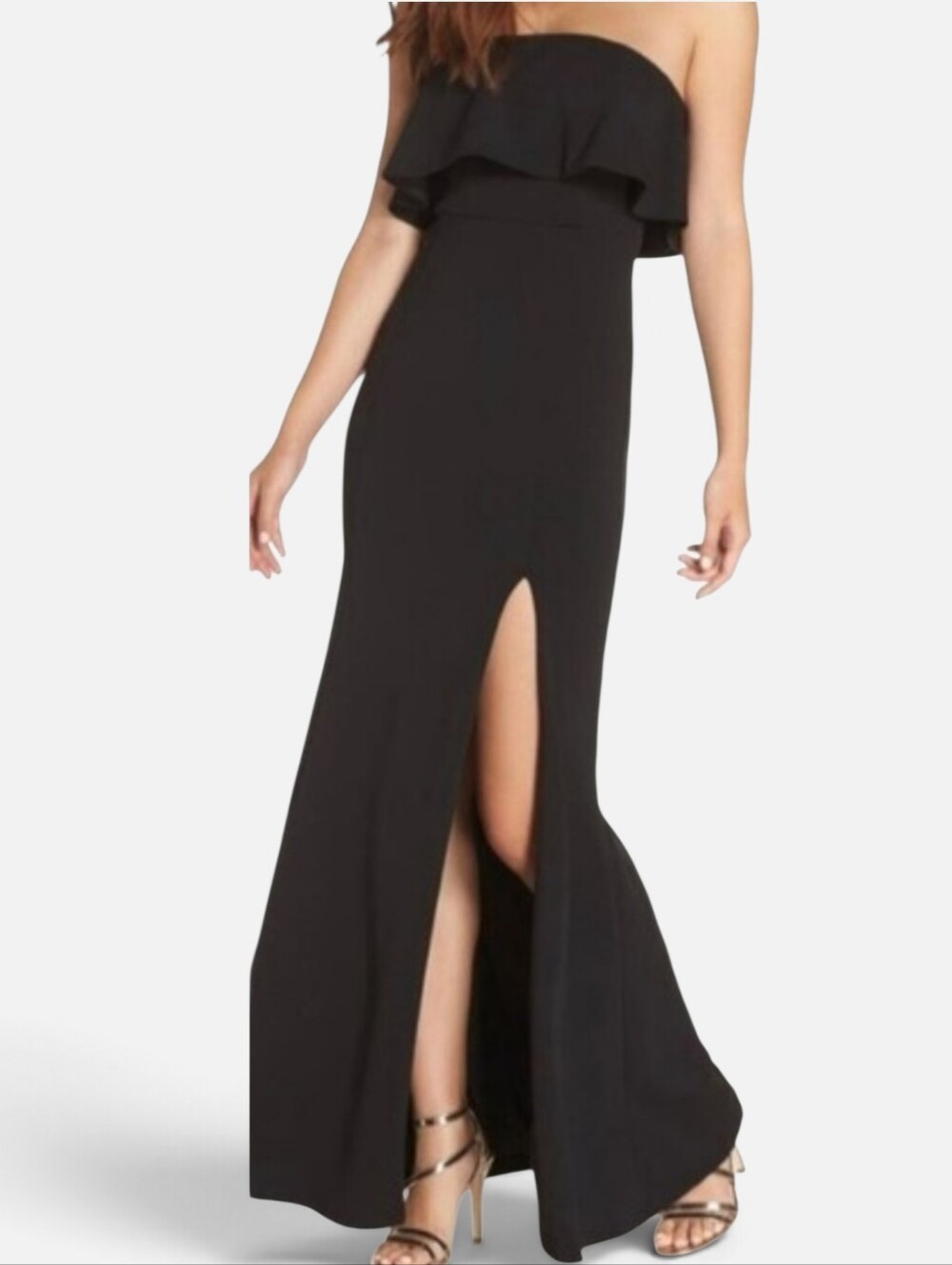 Missguided Bandeau Plated Strapless Ruffle Size 8US Fishtail Maxi Black NWT Slit